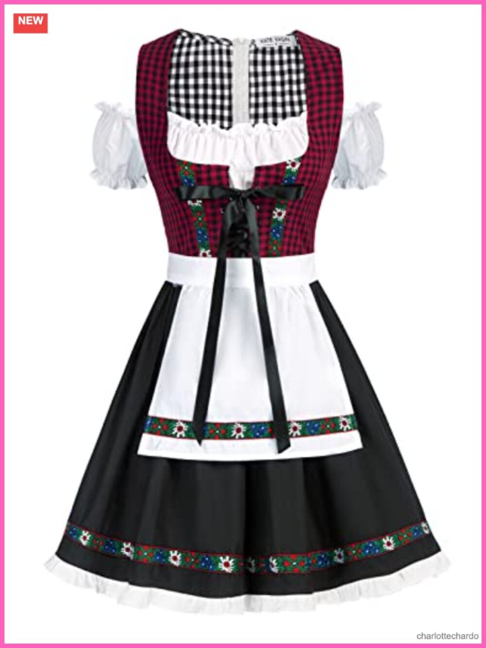 Dirndl Dress Bavarian Oktoberfest Costume Plaid Cold Shoulder Zipper Apron